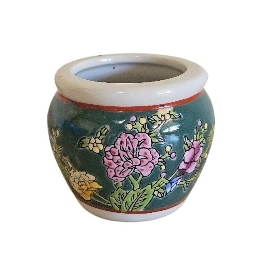 Vintage Miniature Ceramic Floral Planter Green Hand Painted Succulent Pot Small